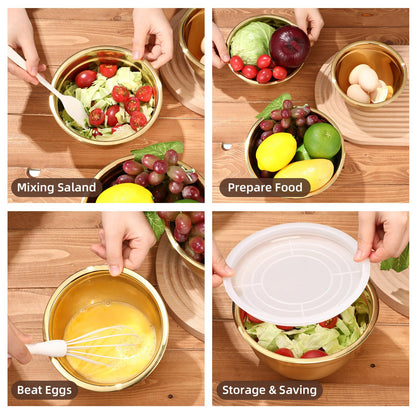 Baderke 7 Pcs Gold Kitchen Accessories Includes Stainless Steel Colander with Handles, 3 Gold Mixing Bowls with Airtight Lids and 3 Fine Mesh Strainer(Colander: 5 Qt, Mixing Bowls: 1.5/2/3 Qt)