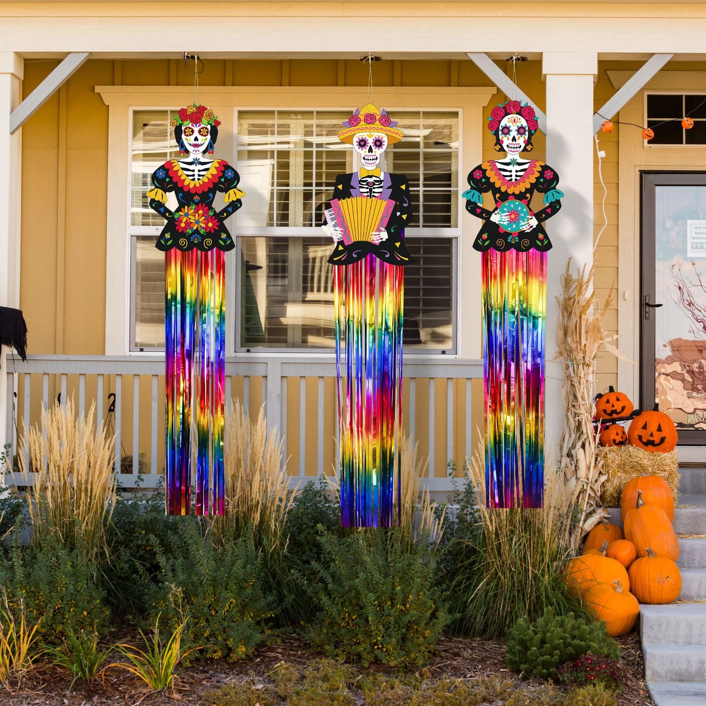 Kigley 8 Pcs Day of the Dead Sugar Skull Hanging Decorations Large Skeleton Dia De Los Muertos Party Decorations Sugar Skull Decor with Tassels Ropes for Halloween Party Outdoor Home 39.4 x 8.7 in