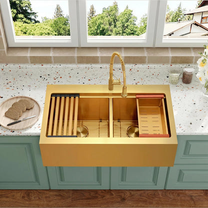 Gold Double Bowls Kitchen Sink, 33" x 22" Drop In Kitchen Sink, 50/50 Double Bowls Farm Sink, 16 Gauge Stainless Steel Workstation Sink, 33 inch Top Mount Deep Double Sinks