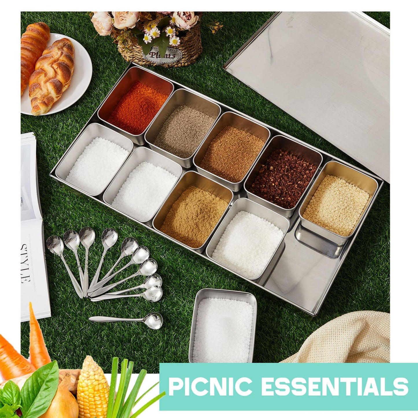 Boao 10 Compartment 304 Yakumi Pans Stainless Steel Seasoning Condiment Container with Lids Spoons, Japanese Yakumi Pans Mini Sauces Salad Dressings Storage for Food, Herbs, Spices