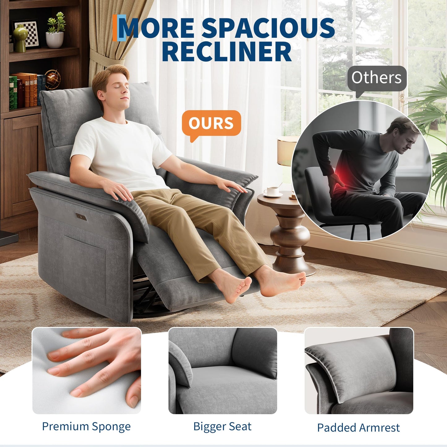 IDEALHOUSE Power Recliner Chair, 270 °Swivel Rocking Glider with USB Charging Port, Chenille Upholstered Fabric and Double-Layer Armrests, Nursery Chair for Living Room, Nursery(Gray)
