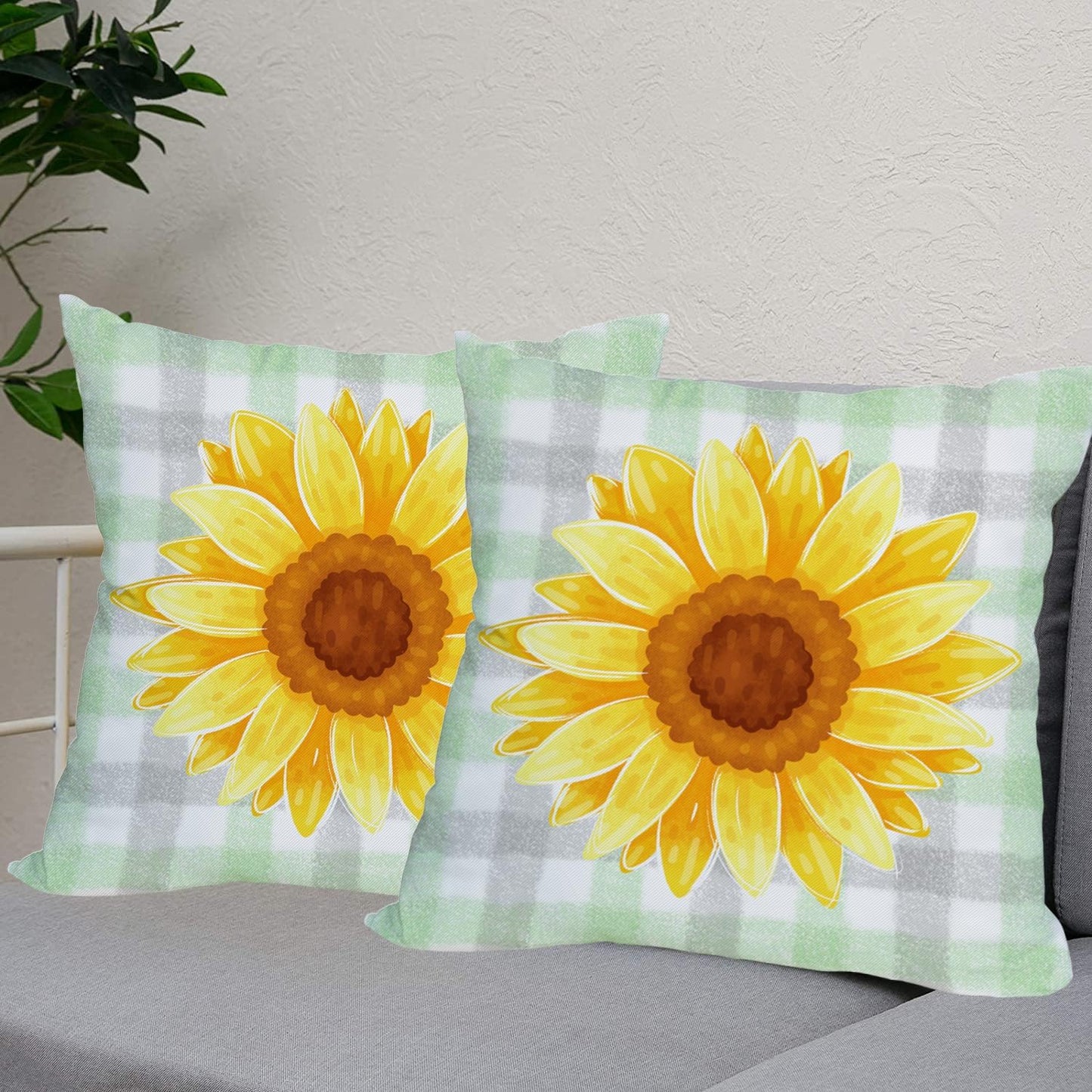 2 Pack Waterproof Sunflower Pillow Covers, 16x16 Inch Green Buffalo Plaid Yellow Floral Throw Cases for Outdoor Decor