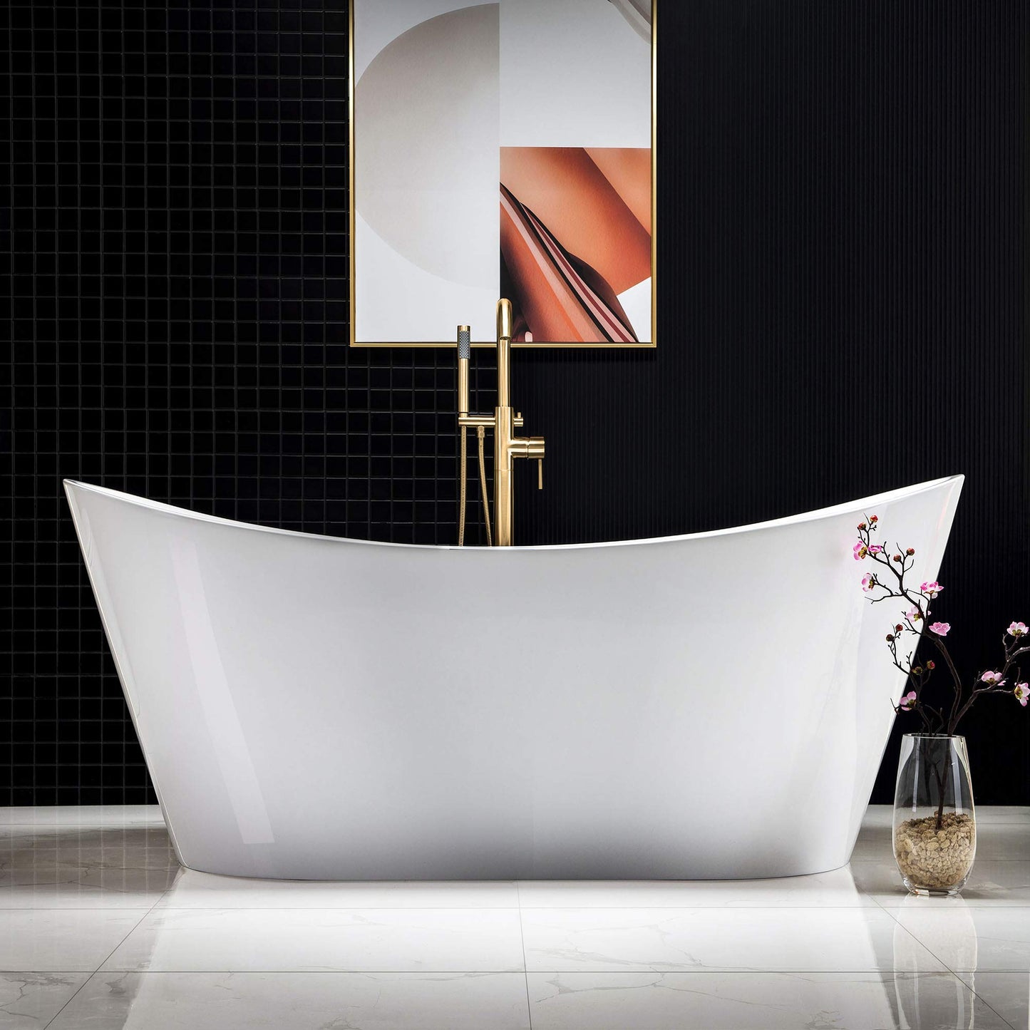 WOODBRIDGE 67" Acrylic Freestanding Bathtub Contemporary Soaking White Tub with Brushed Gold Overflow and Drain，BTA1515-BG-Drain&O