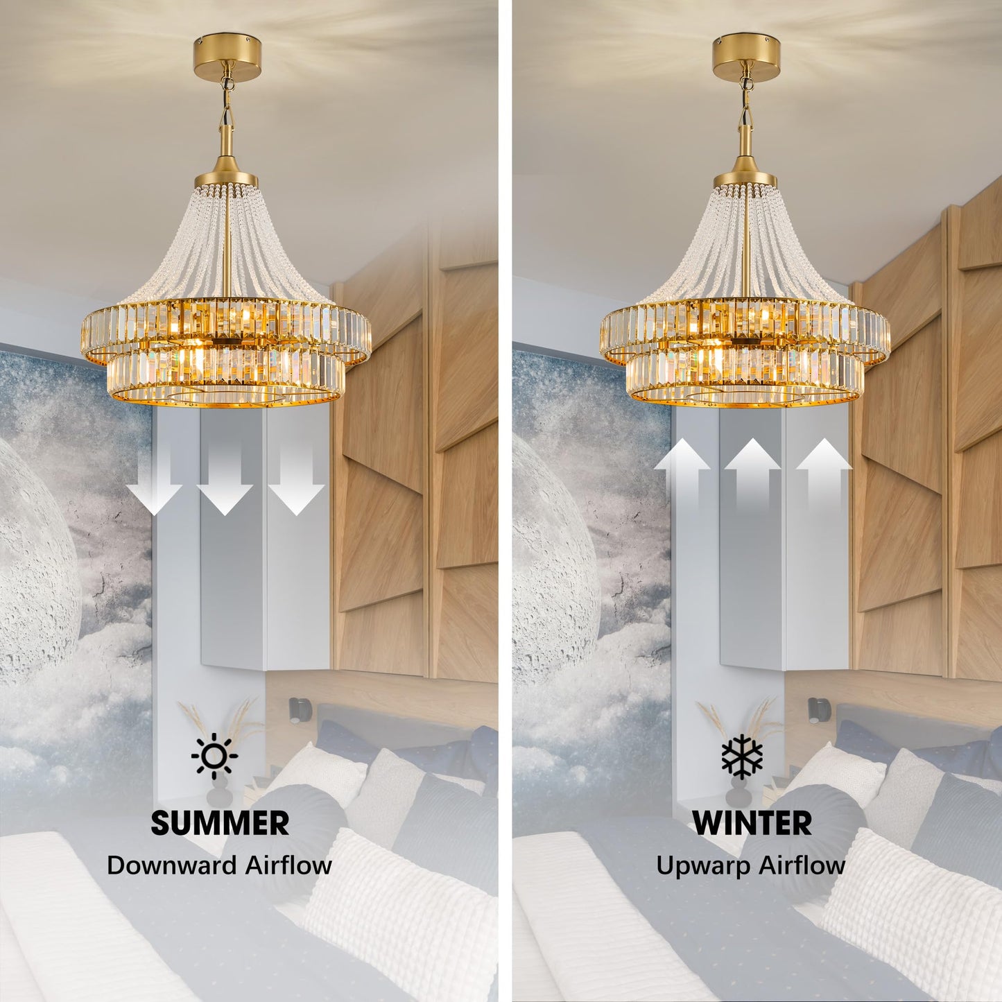 LVYEAYOU 24“ Modern Crystal Chandelier Ceiling Fan with Lights, Remote & App Control, 6-Speed Reversible Large Fandelier, Double Layer Design for Bedroom, Living Room (Luxury Gold)