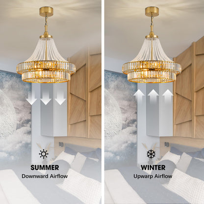 LVYEAYOU 24“ Modern Crystal Chandelier Ceiling Fan with Lights, Remote & App Control, 6-Speed Reversible Large Fandelier, Double Layer Design for Bedroom, Living Room (Luxury Gold)