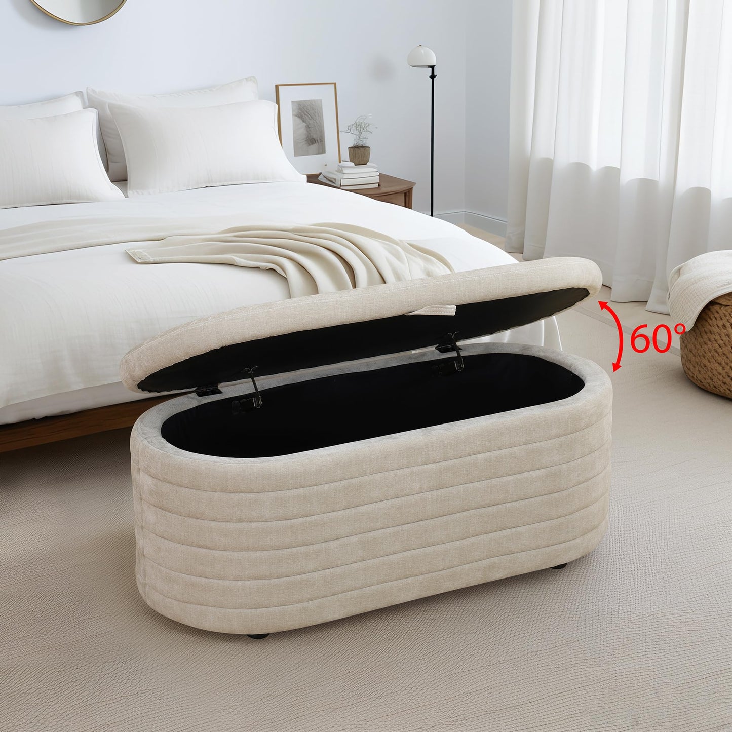 UOCFYK Storage Ottoman Bench 44 Inch Sackcloth Fabric Upholstered Storage Bench for Bedroom End of Bed Large Oval Storage Ottoman for Living Room Entryway, Aesthetic (Light Tan)