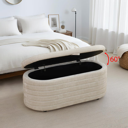 UOCFYK Storage Ottoman Bench 44 Inch Sackcloth Fabric Upholstered Storage Bench for Bedroom End of Bed Large Oval Storage Ottoman for Living Room Entryway, Aesthetic (Light Tan)