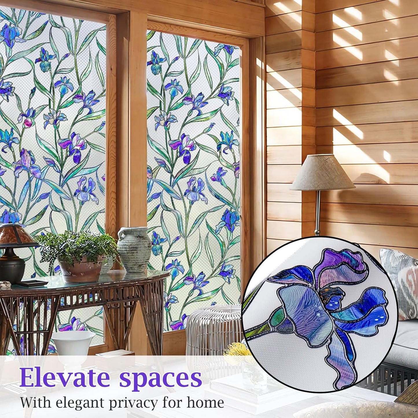 Coavas Stained Glass Window Privacy Film, 3D Violet Flower Static Cling Decals, 17 x 118.1 Inch, Bathroom Sun Heat