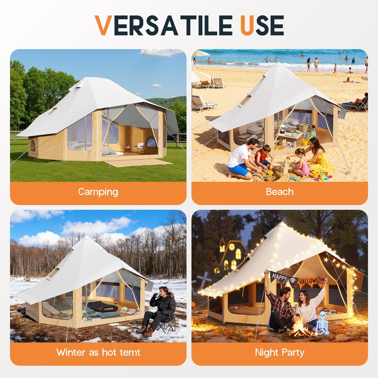 SPECRAFT Canvas Bell Tent for Camping, Waterproof Glamping Yurt Tent with Canopy & Stove Jack, Breathable Mesh 4-Season Family Shelter for Outdoor Camping, Parties, 8–10 Person