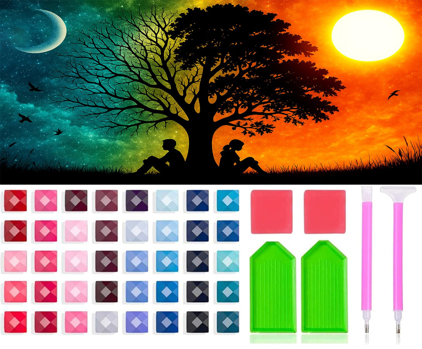 5D DIY Diamond Painting Kits for Adults, Large Size Full Drill Diamond Arts Rhinestone Pasted, DIY Painting Diamond Dot Arts Crafts for Home Wall Decor Gift (Day and Night Tree)