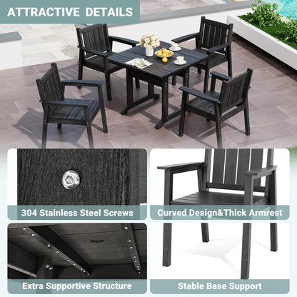 Pamapic 5 PCS Outdoor Dining Set, Spacious HDPE Outdoor Table and Chairs, Wood Grain Patio Furniture Sets with Elegant Armrest, All-Weather Patio Dining Table with Umbrella Hole, Black