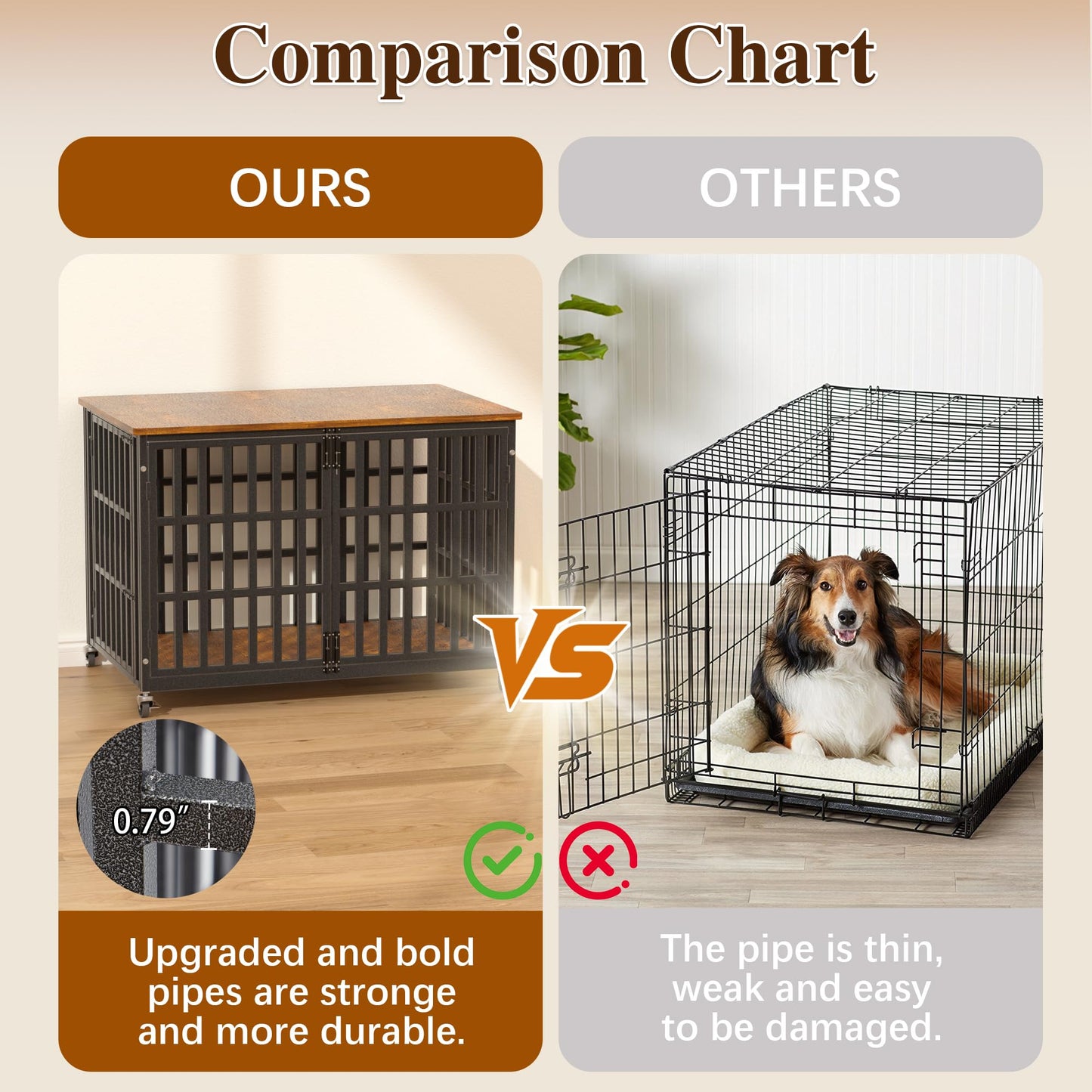 48 Inch Dog Crate Furniture, Heavy Duty Wooden Dog Kennel for Large Dogs, Chew Proof & Escape-Proof Indoor Dog Cage with TV Stand, for Anxious Dogs, Black Brown Cabinet