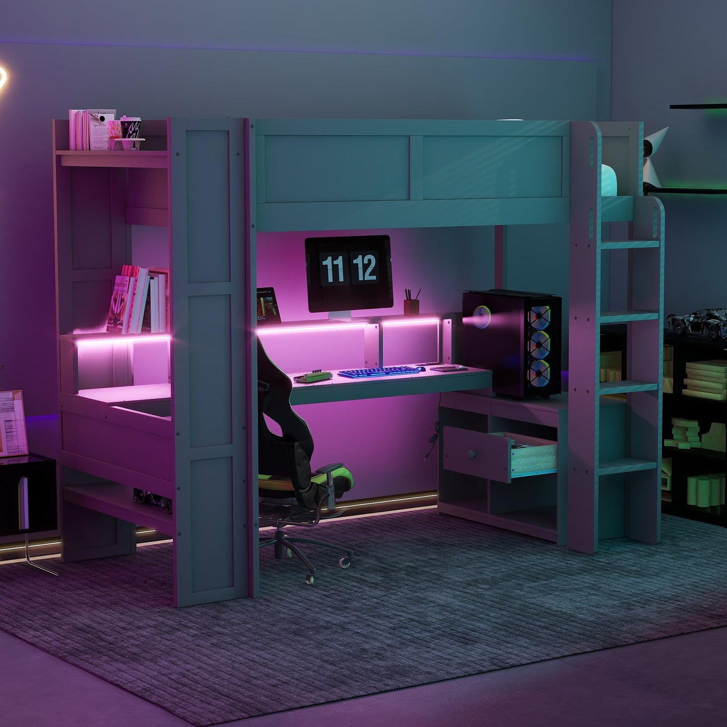 Ball & Cast Twin Size Gaming Loft Bed with Built-in Desk, LED and Charging Station,Wood Loft Bed Frame w/Multi-Storage Shelves,No Box Spring Needed,Ladder,for Kids,Teens,Adults,Dark Gray