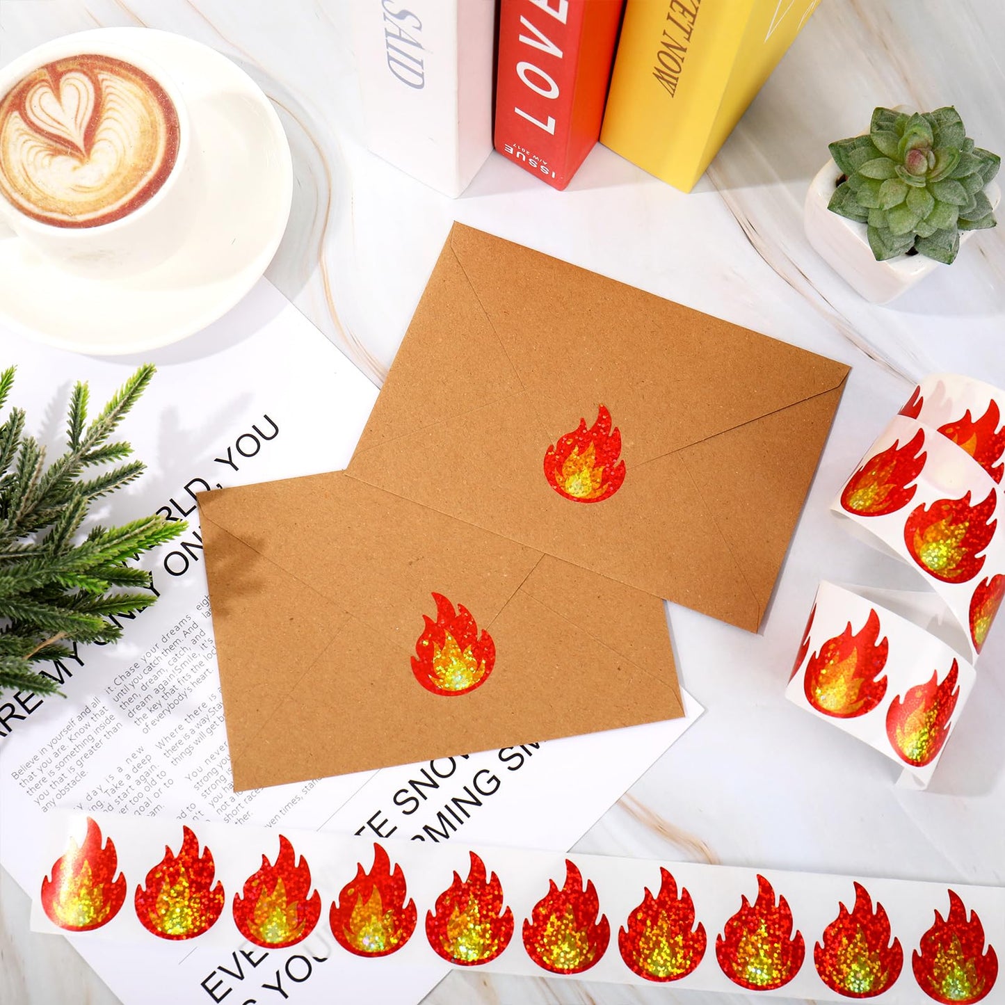 FYSUIMU 500 Pcs Flame Stickers Roll Holographic Glittery Fire Self-Adhesive Sticker Decals for Camping Party Envelopes Cards Gift Bags Laptops Scrapbook DIY Craft Decorations, 1.5 Inch