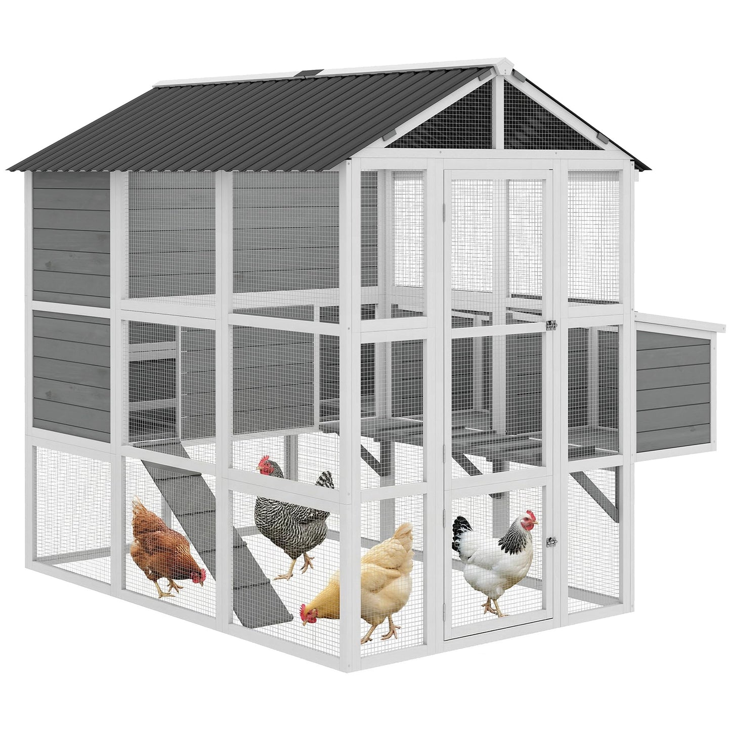PawHut 77" Large Chicken Coop for 6-8 Chickens, Outdoor Wooden Hen House Poultry Cage with Run, 3 Nesting Boxes, Waterproof Roof, Removable Tray, Ramp for Farm Backyard, Gray