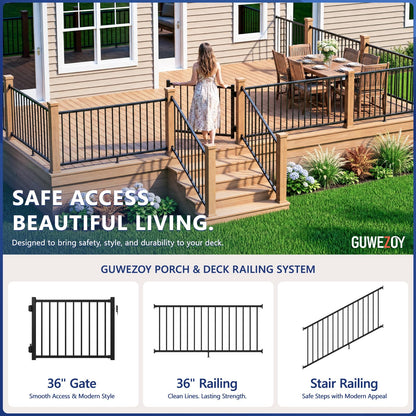 Guwezoy W.4ft x H.36in Aluminum Deck Gate Outdoor, Cuttable Porch Gate Kit with Latch and Auto-Closing Hinge, AAMA 2604–Grade Sand-Texture Black Outdoor Gate for Deck Railing Patios, Porch, Garden
