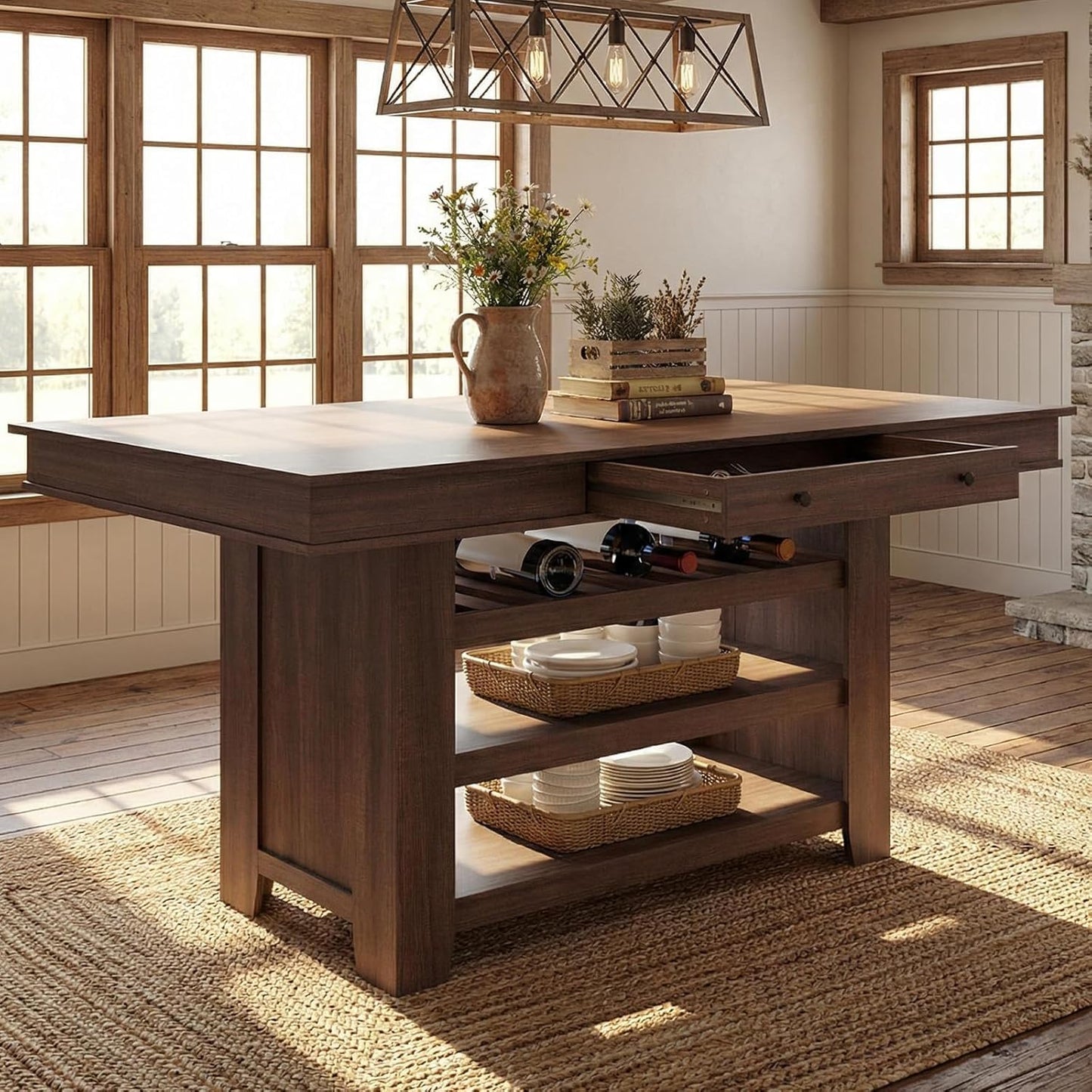 GarveeHome Tall Bar Height Dining Table for Kitchen & Bar, Seats 4-6, Heavy Duty Wood Counter Table with Thick Large Top, Deepened Wine Rack, 2 Drawers & 3 Shelves, for Kitchen, Bar, Rustic Brown