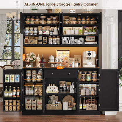 HIFIT 72.8” LED Kitchen Pantry Cabinet with Charging Station, 55” Wide Pantry Storage Cabinet with Large Countertop&Shelves&Drawers, Farmhouse Kitchen Hutch Coffee Bar for Living Room, Black