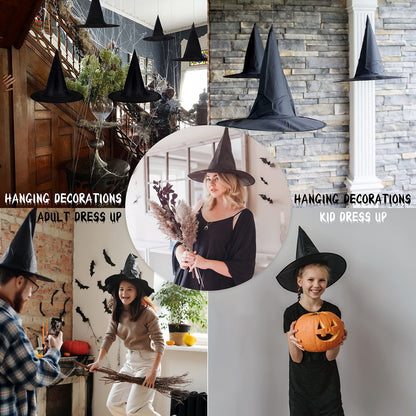 LINAYE Halloween Witches Hat XL Kit - 8 PCS Black Witch Hats with Hanging Rope,16 PCS 3D Bat,Spider Web,Creepy Cloth Halloween Hanging Decoration Decor Wizard Hats