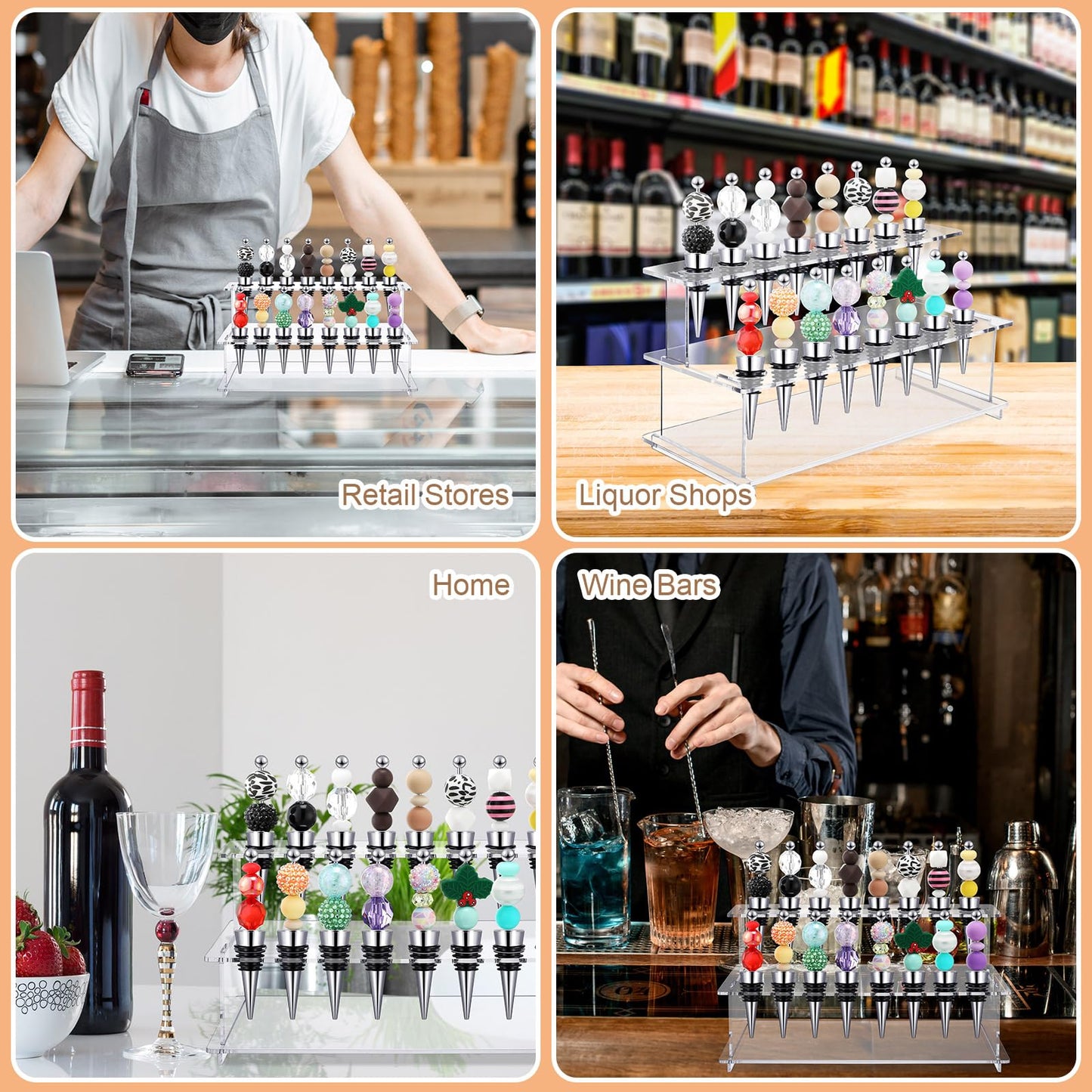 Menkxi 2 Pcs Wine Bottle Stopper Display Stairs 16 Slot Clear Acrylic 2 Tier Riser Wine Stopper Holder Wine Stopper Display Stand Rack for Countertop, 9.45''L x 4.72''H x 3.94''W
