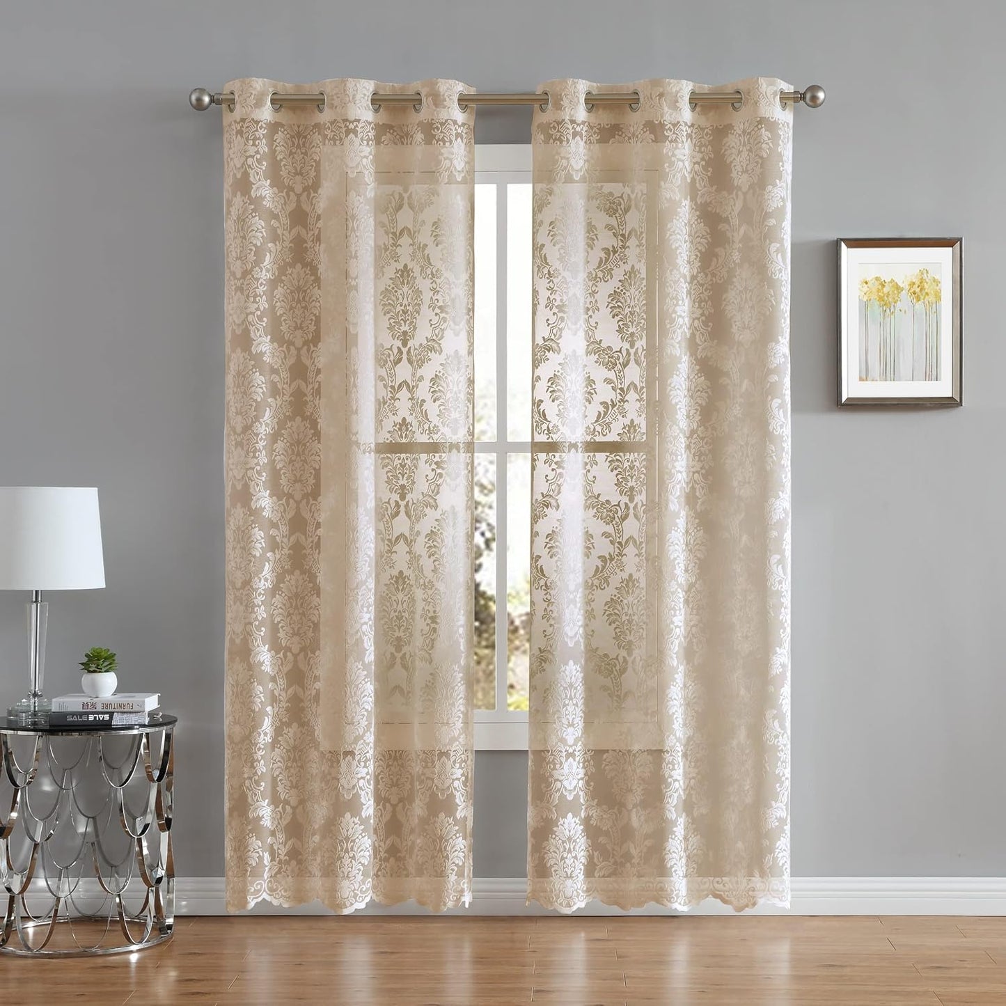 Warm Home Designs Pair of Standard Length 38" x 84" Linen Gold Color Knitted Lace Curtains with 6 Grommets