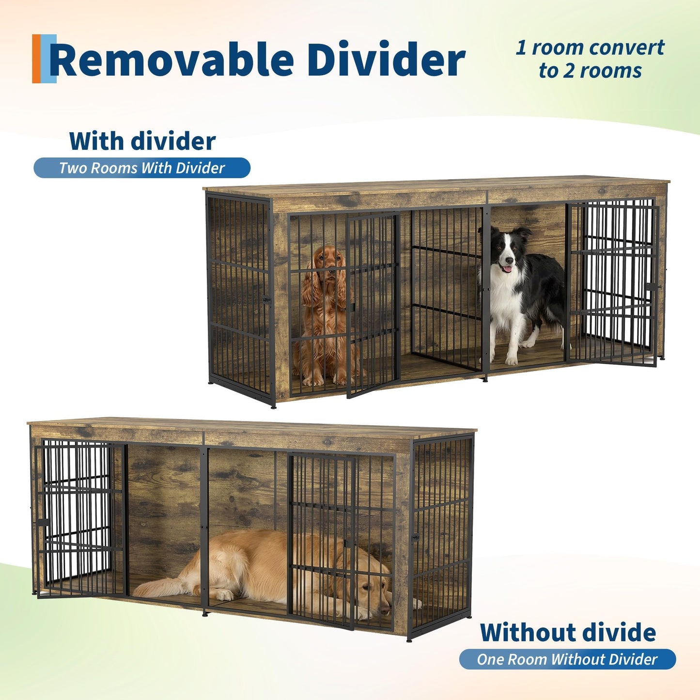94.5" Dog Crate Furniture, Dog Kennel Furniture with Divider, Lockable, Wooden Crate TV Stand End Table for Large Medium Dogs, Rustic