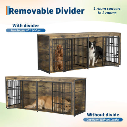 94.5" Dog Crate Furniture, Dog Kennel Furniture with Divider, Lockable, Wooden Crate TV Stand End Table for Large Medium Dogs, Rustic