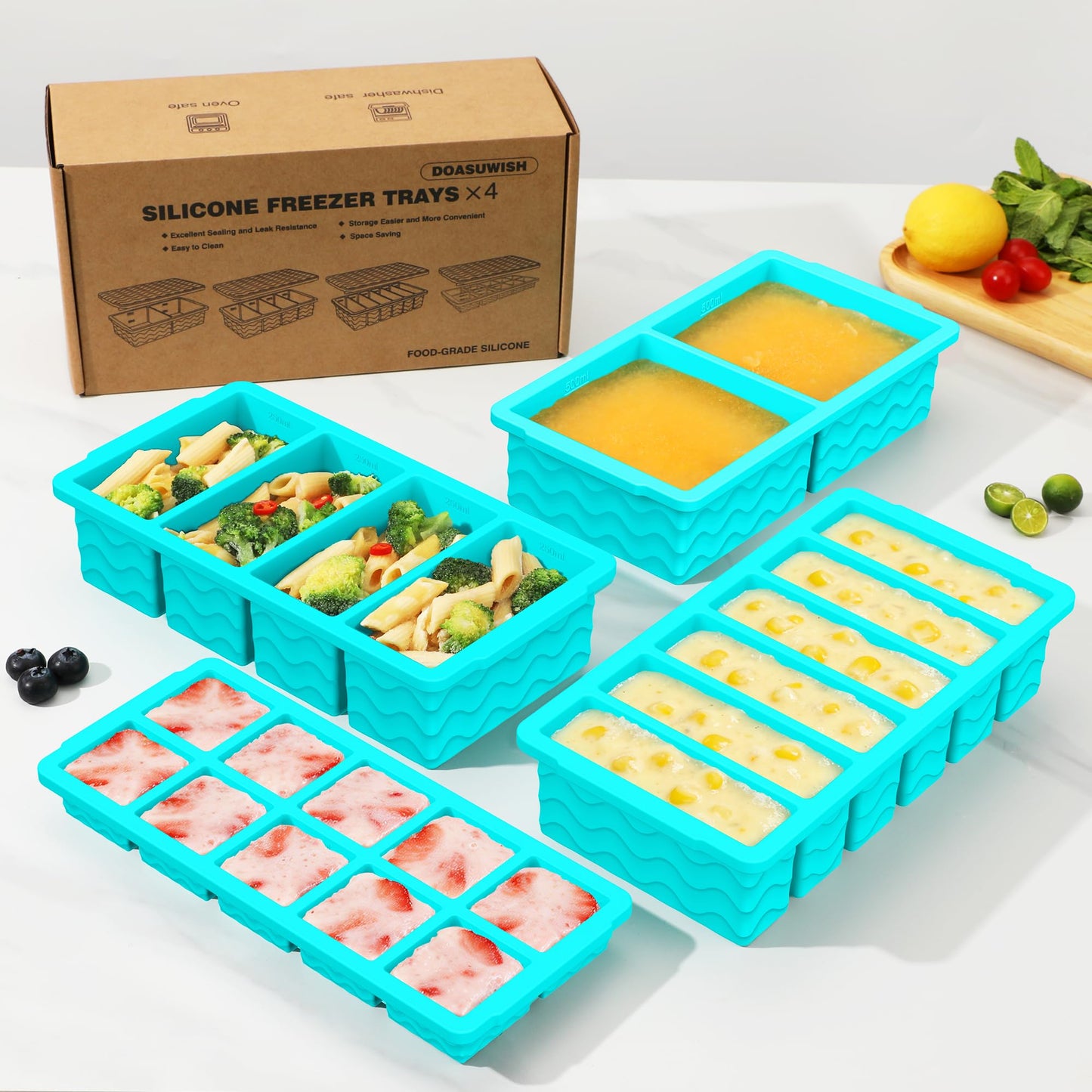 Silicone Freezer Trays with Lid (4-Pack), 1-Cup, 2-Cup, 1/2-Cup & 2-Tbsp Silicone Freezer Molds, Stackable Soup Freezer Meal Prep Containers,Ice Cube Tray for Making Sauce,Smoothies,Yogurt Bites