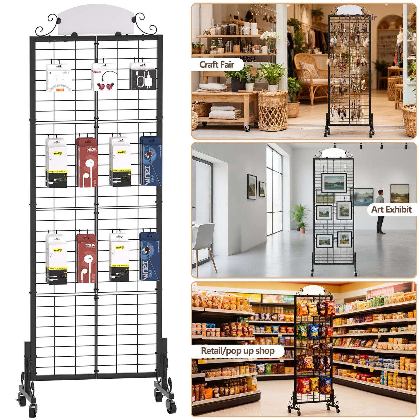 Urban Deco Grid Wall Panel Display Stand, 2.2' x 6.2' FT Gridwall Panel with Extra 8 Hooks, Craft Show Display Rack Black Metal Grids Standing Wire Rack for Retail Merchandise
