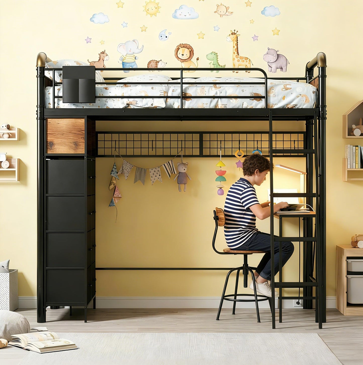 Mixcous Twin Loft Bed with Desk and Storage, 8 Drawers Metal Gaming Loft Bed Frame with USB Charging Station & Pegboard, No Box Spring Needed for Teens Adults, Black