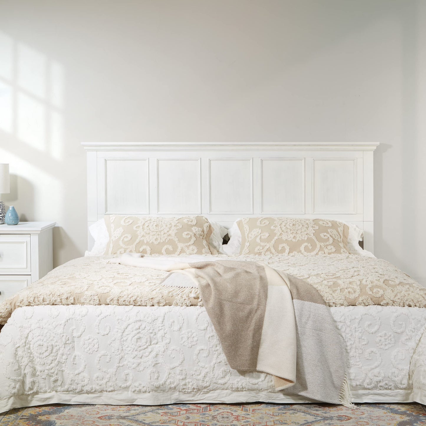 OSP Home Furnishings Farmhouse Basics King Headboard Only, Rustic White Finish