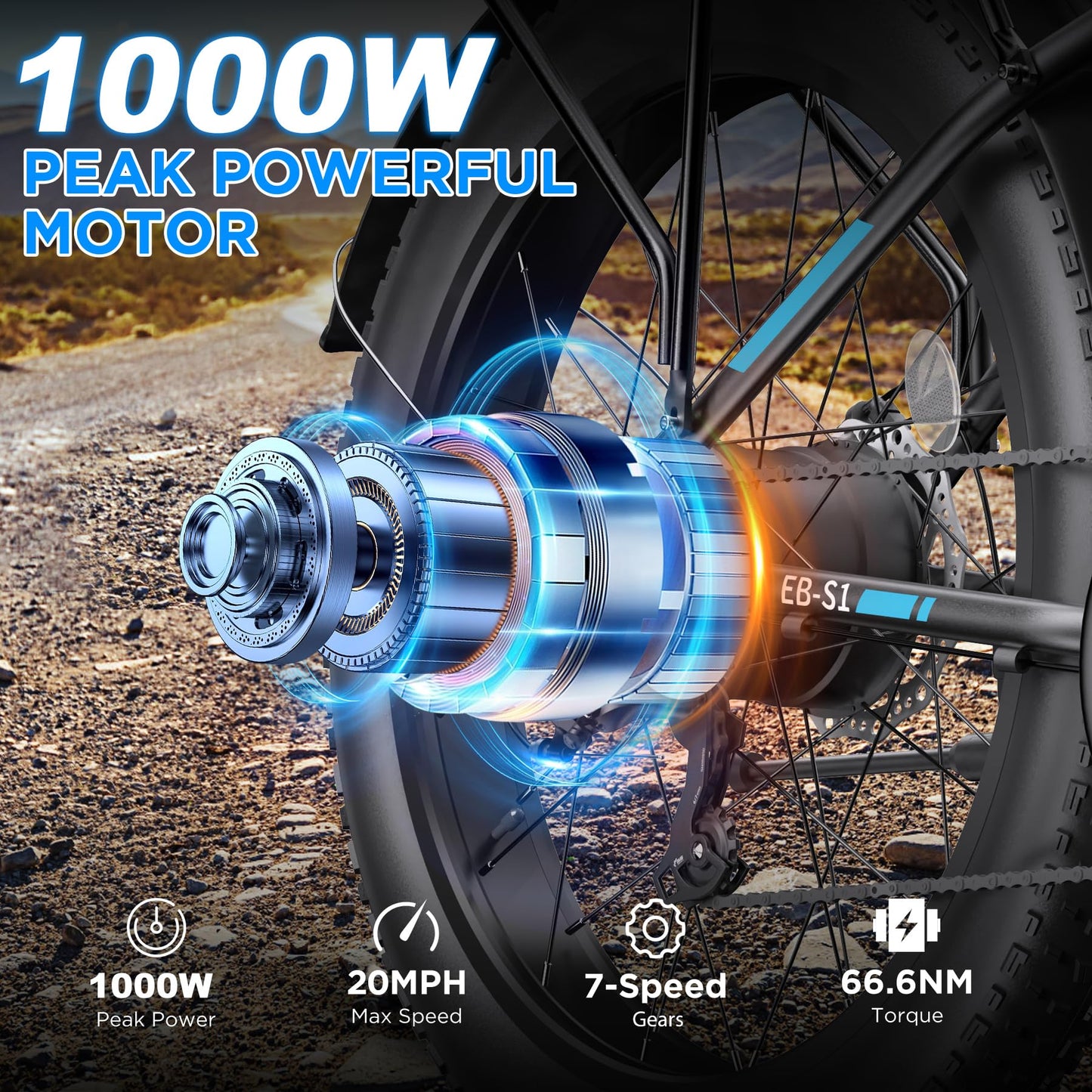 Funhang Electric Bike for Adults, 1000W Peak Ebike, 20MPH 60Miles Electric Mountain Bike, 26" Fat Tire Electric Bicycle with 48V 13AH Battery, Front Suspension,7 Speed, Rear Rack, UL 2849 Certified