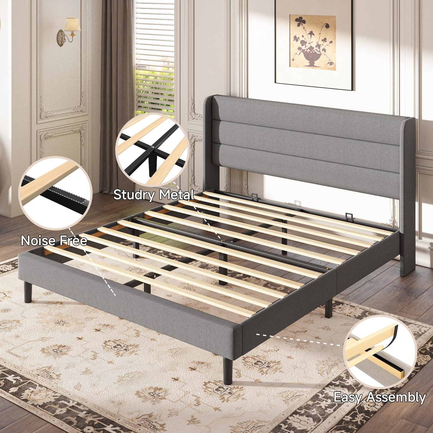 Mxhtcewz King Size Upholstered Platform Bed Frame, Modern Linen Fabric Bed with Wingback Headboard, Sturdy No Wobble, Noise-Free & Easy Assembly, No Box Spring Needed, Gray