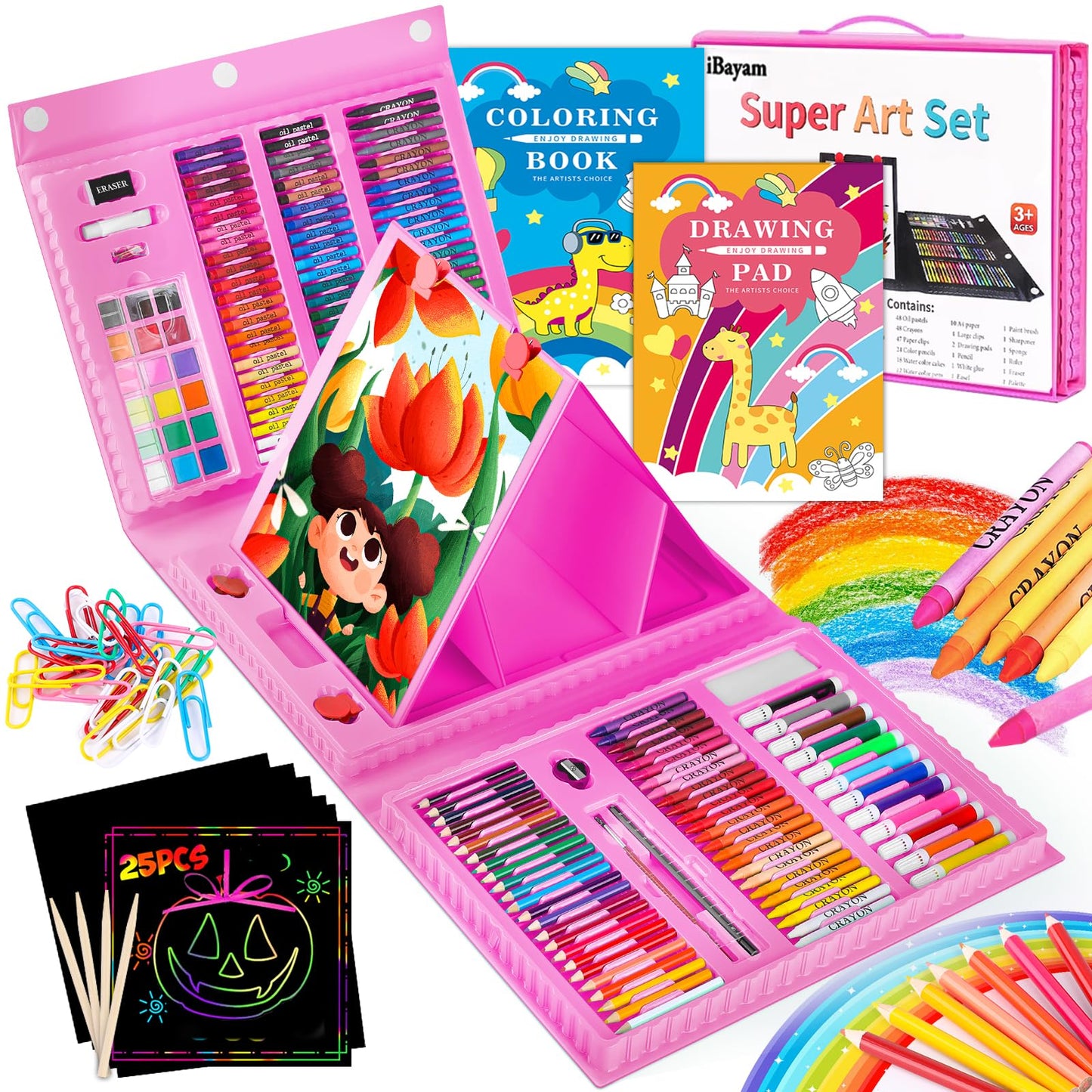 iBayam 251-Pack Art Supplies, Drawing Arts Kits for Kids Teens Adult - Travel Art Set Case with Double Sided Trifold Easel, Drawing Pad, Coloring Book, Scratch Paper, Gifts Idea for Girls Boys Artist