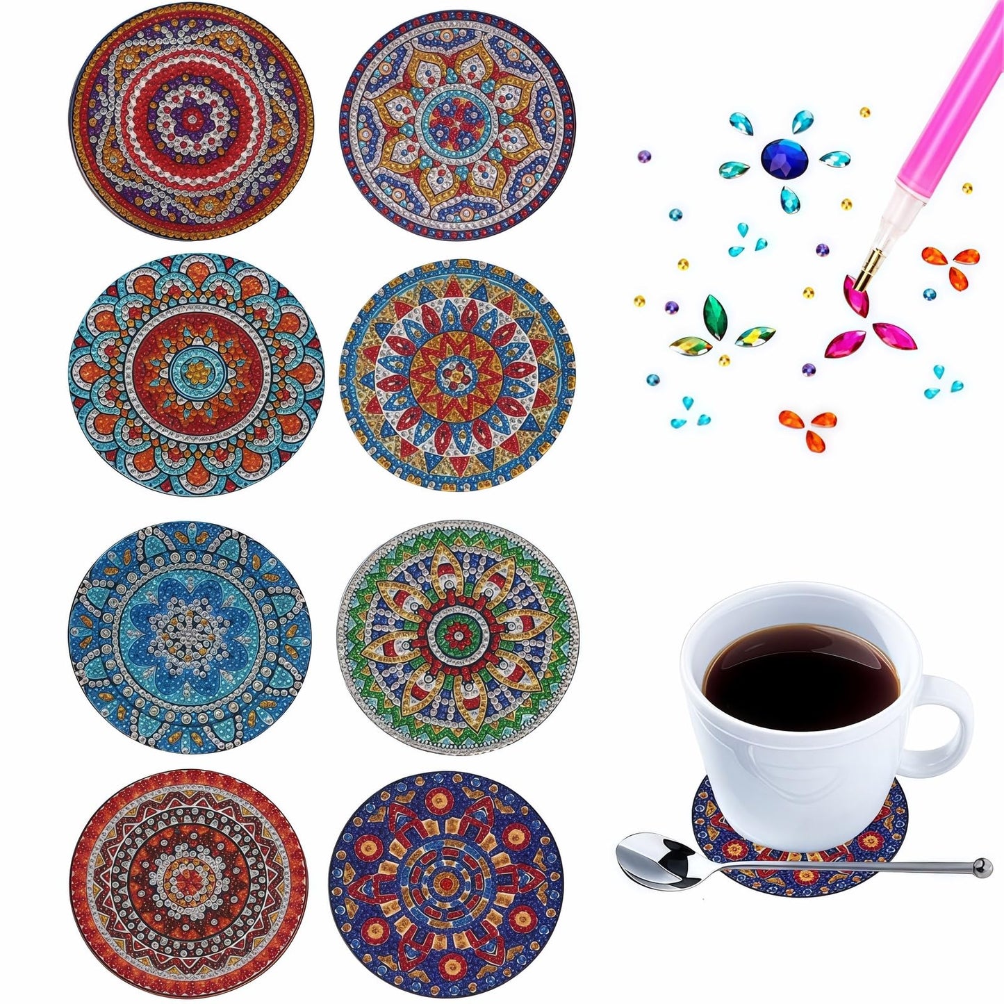 DDGYP 8 Pcs Mandala Diamond Painting Coasters with Holder, DIY 5D Diamond Art Craft Supplies for Home Decor, Diamond Art Kits for Adults