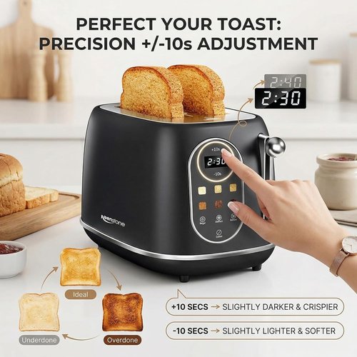 Keenstone 2-Slice Smart Touch Screen Toaster - Retro Stainless Steel with 6 Browning Levels & Removable Crumb Tray | Black