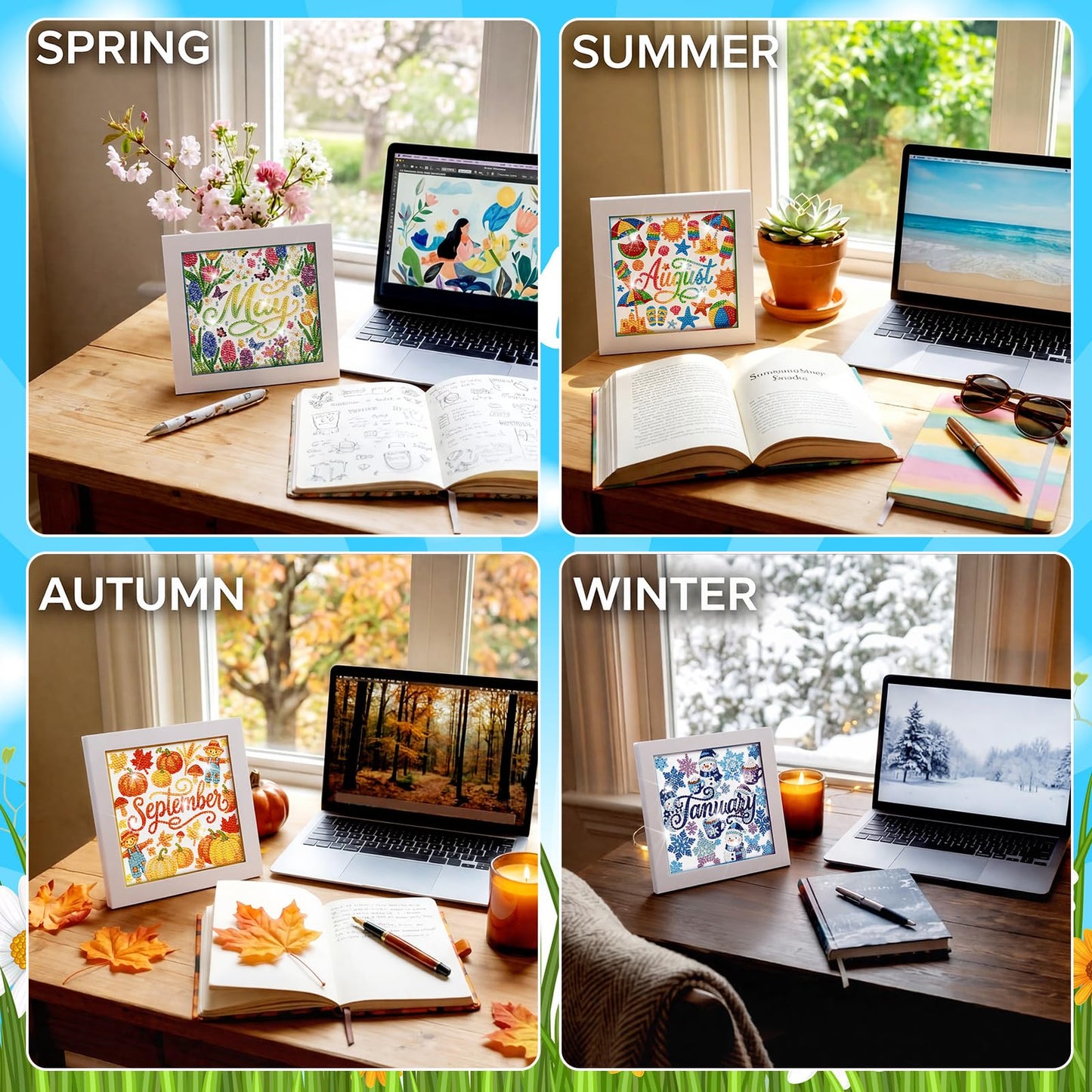 Trandraft 13 Pcs Interchangeable Holiday Diamond Art Kits for Adults 5D Framed Seasonal DIY Diamond Paint with Full Drill Gems for Beginner Monthly Table Craft Gift Decor (Cute Style)