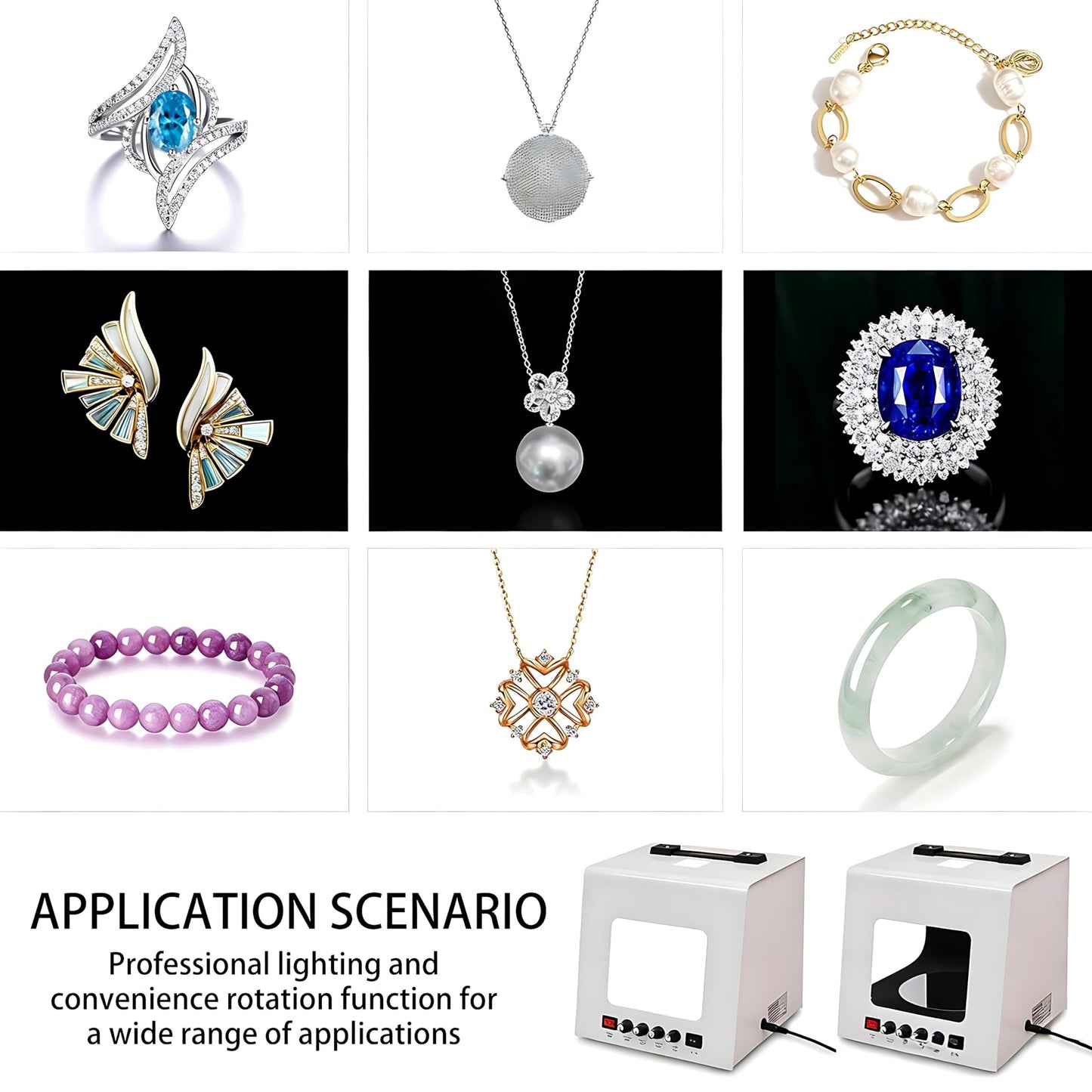 QIUNAOZI Jewelry Hanging Photography Kit, Jewelry Photo Light Box, with 360° Electric Rotating Feature, Turntable Diameter 11/15cm, Support Jewelry Hanging or Placing Black-TB20
