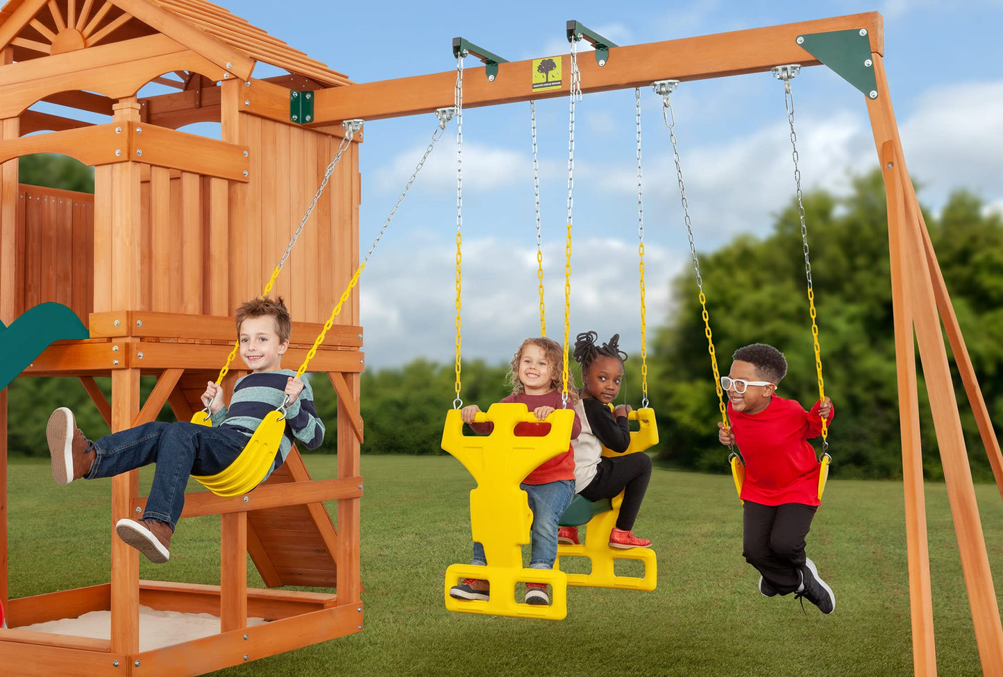 Timber Valley Cedar Backyard Playset | Multi | W:15'9" D:11'10" H:9'3" | 2-Person Glider, 2 Belt Swings & Green Slide | Kids Age 3-12 | DIY Outdoor Swingset | ASTM Standards | 10-Year Wood Warranty