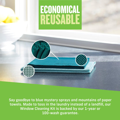 E-Cloth Microfiber Cleaning Cloth Glass Kit - Microfiber Towel Window Cleaning Kit - Microfiber Towels for Cars, Windows, Mirrors, & More - Winter Green