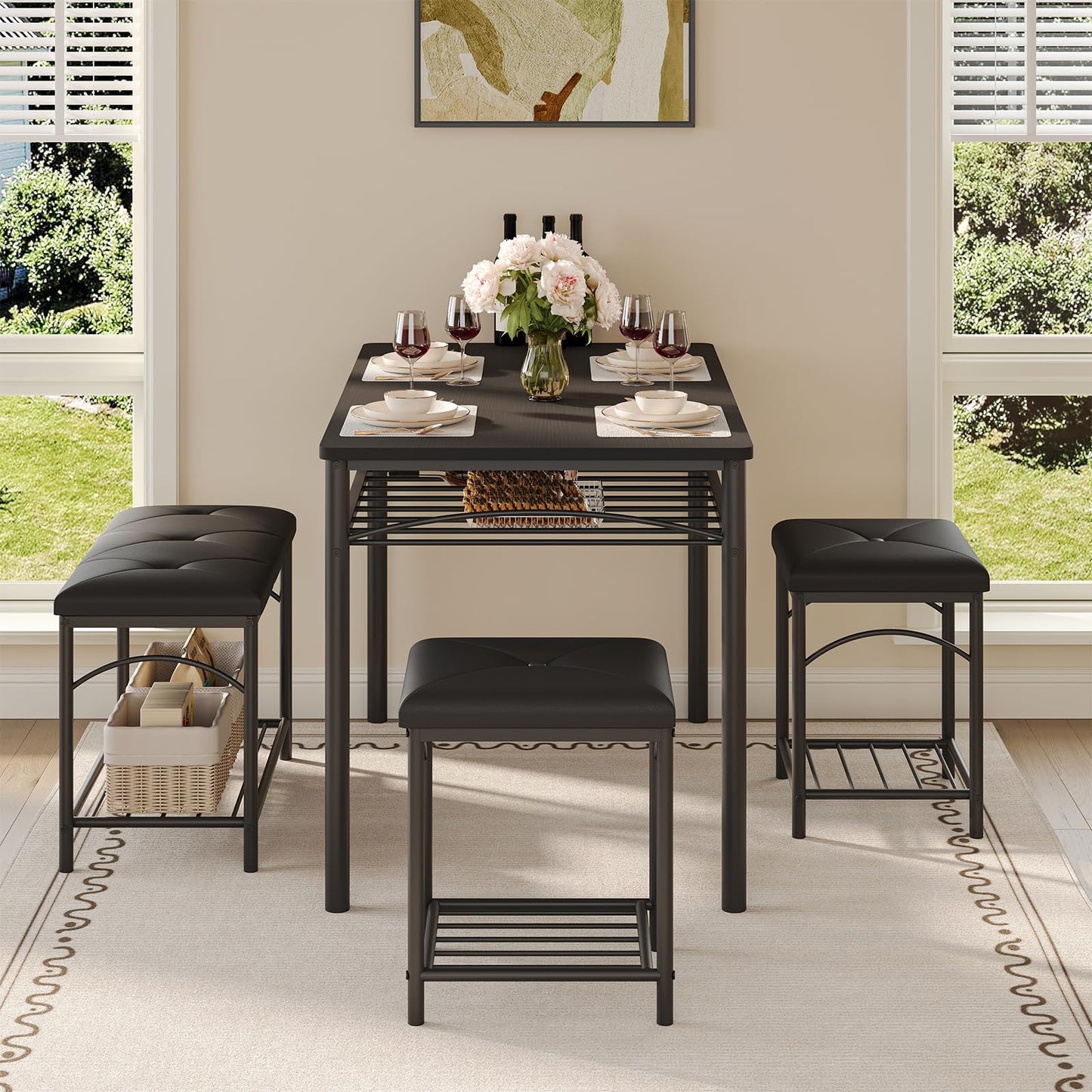 Garvee Dining Table Set for 4, Kitchen Table with Upholstered Bench and 2 Stools, 4 Pieces Kitchen Table Set with Storage Rack & Metal Frame for Small Space, Kitchen Table and Chairs Set for Apartment