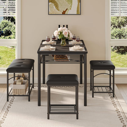 Garvee Dining Table Set for 4, Kitchen Table with Upholstered Bench and 2 Stools, 4 Pieces Kitchen Table Set with Storage Rack & Metal Frame for Small Space, Kitchen Table and Chairs Set for Apartment