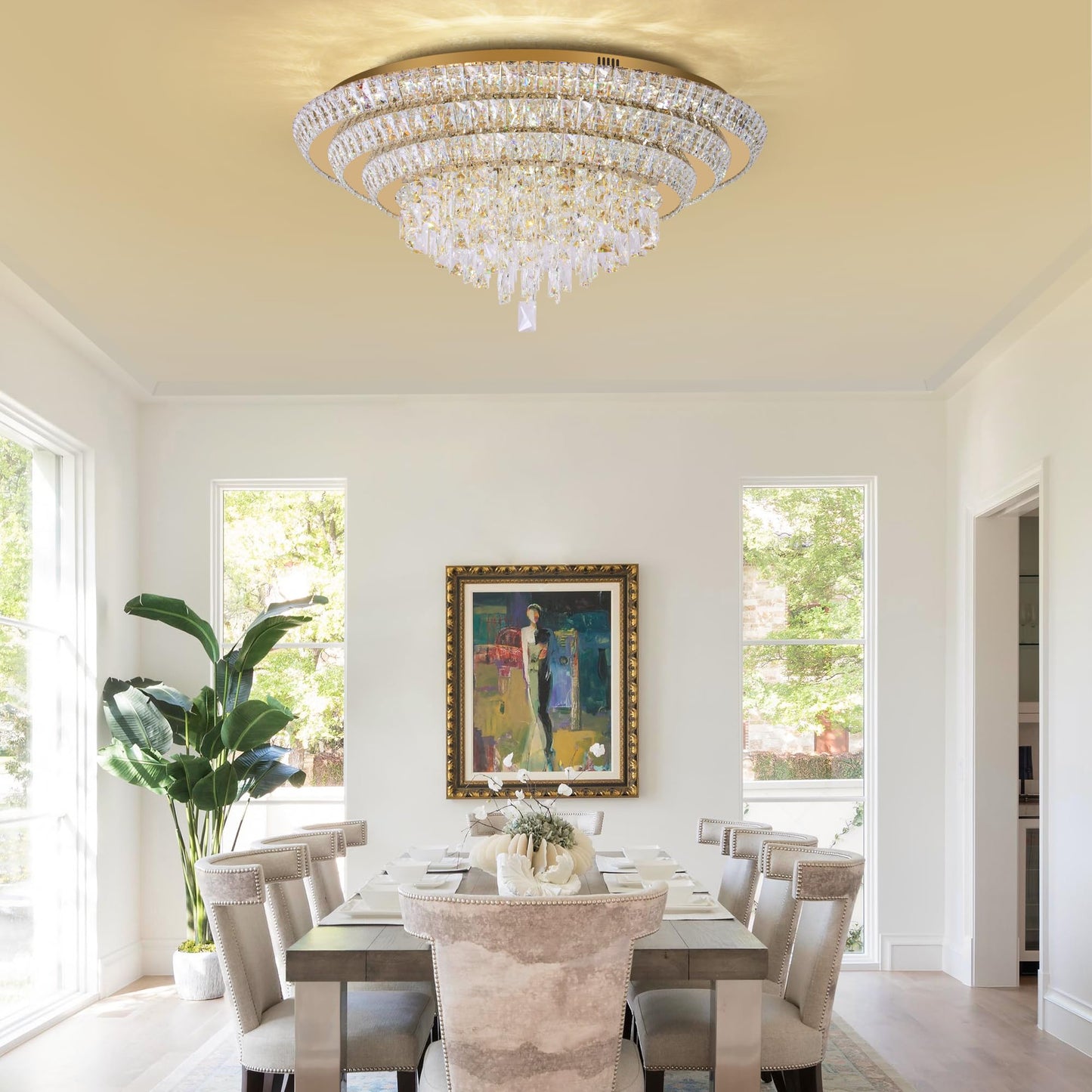 30 inch Flush Mount Crystal Chandeliers with Remote and APP Gold, Modern Elegant LED Crystal Raindrop Ceiling Light Fixture, 3CCT Dimmable, for Living Room Kitchen Island Bedroom Entryway Foyer