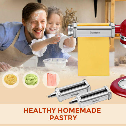 3 PCS Pasta Attachment for all KitchenAid Stand Mixer, Classic Pasta Maker Set Included Pasta Roller, Spaghetti Cutter and Fettuccine Cutter, Durable Pasta maker accessories