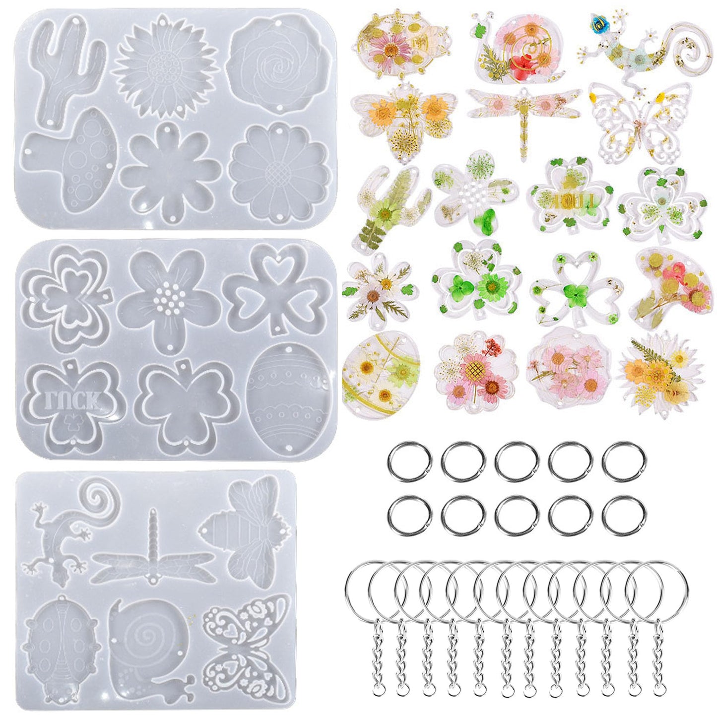 Attuslla 3 PCS Pendant Resin Molds Silicone Resin Jewelry Molds, Earring Making Kit, Silicone Molds with Key Chains, Jump Rings for Pendant, Keychain Charm
