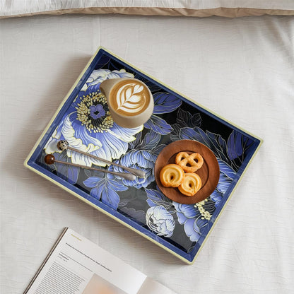 PDUHKO Serving Tray with Handles, 15.7 * 11.8 inches, Plastic Ottoman Tray with Exquisite Paintings, Trays for Coffee Table