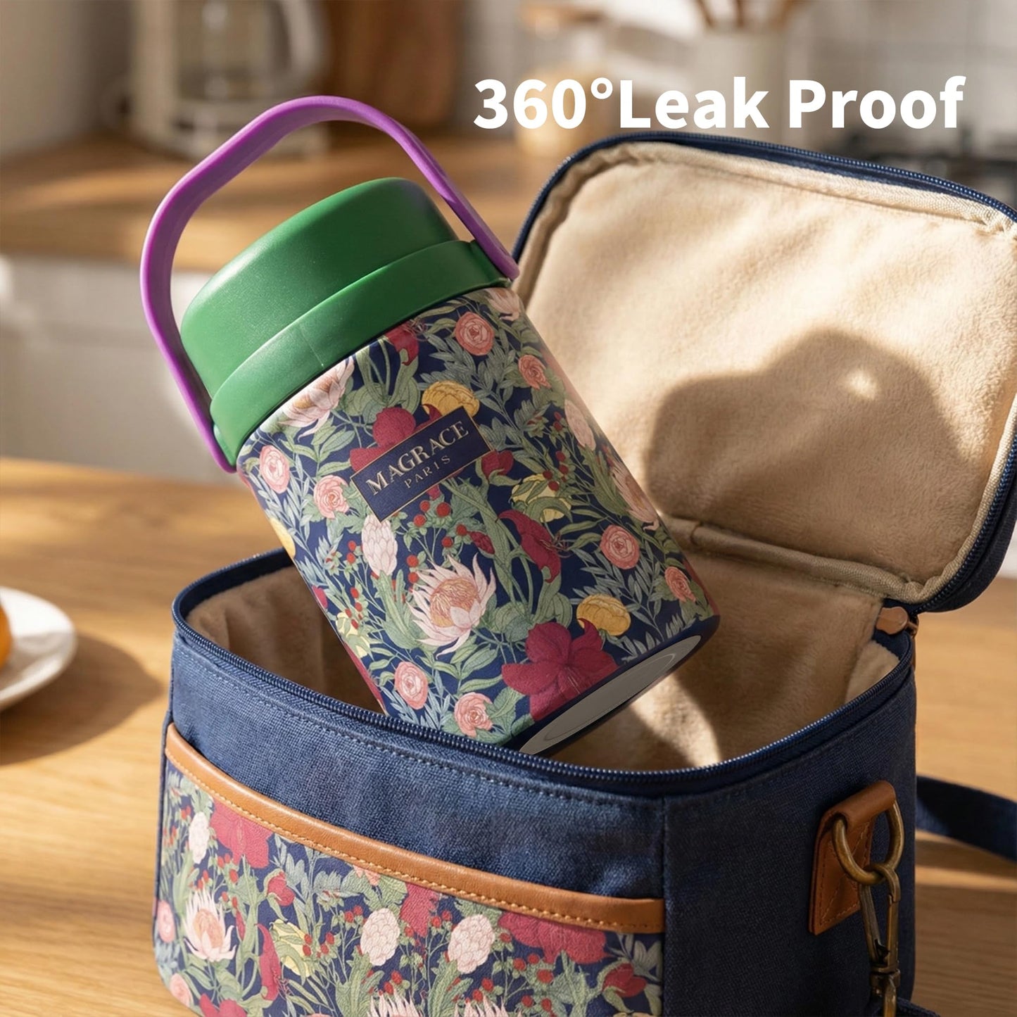MAGRACE Vaccum Insulated Food Jar - Boho Floral Thermal Lunch Container for Office Outdoor Hot & Cold Meals, Wide Mouth Thermo for Adult, W/Foldable Spoon (Tropical)