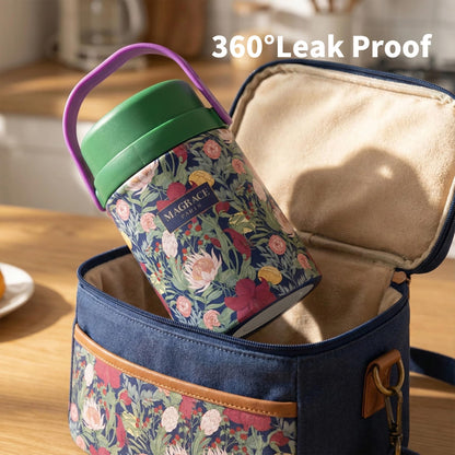 MAGRACE Vaccum Insulated Food Jar - Boho Floral Thermal Lunch Container for Office Outdoor Hot & Cold Meals, Wide Mouth Thermo for Adult, W/Foldable Spoon (Tropical)