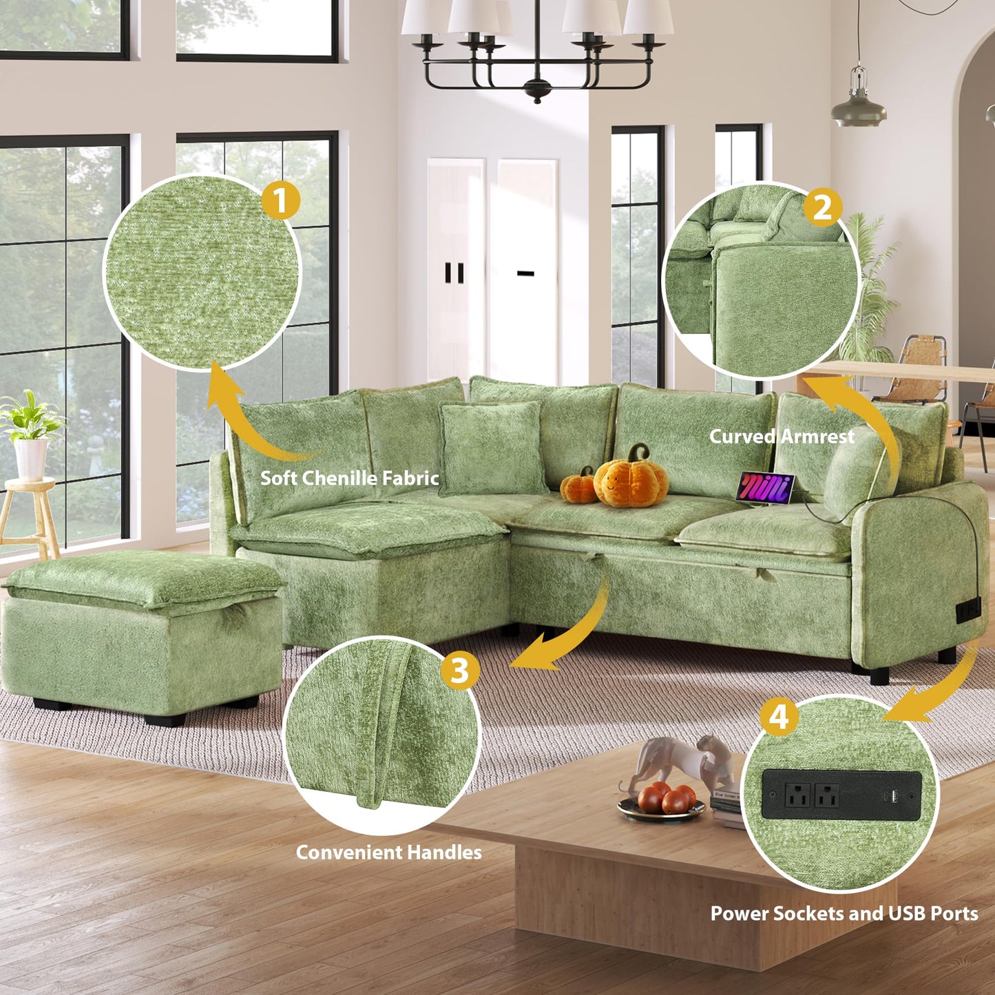 Merax Sectional Convertible Sofa Bed with Storage Ottoman, 2 Pillows, 2 Power Sockets and 2 USB Ports, Modular Sleeper Couch