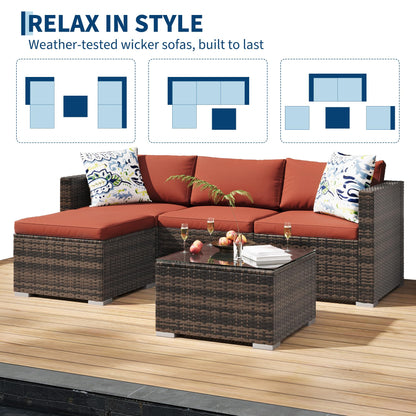 GAOMON 5-Piece All-Weather Patio Furniture Set, Convertible Outdoor Sectional Sofa with Ottoman & Tempered Glass Table, PE Rattan Conversation Set for Garden, Backyard, Porch, Poolside